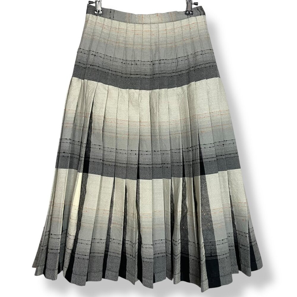 Vintage Pleated Skirt Reversible Wool Gray Black Cream Women 70s 80s‎ Stripes